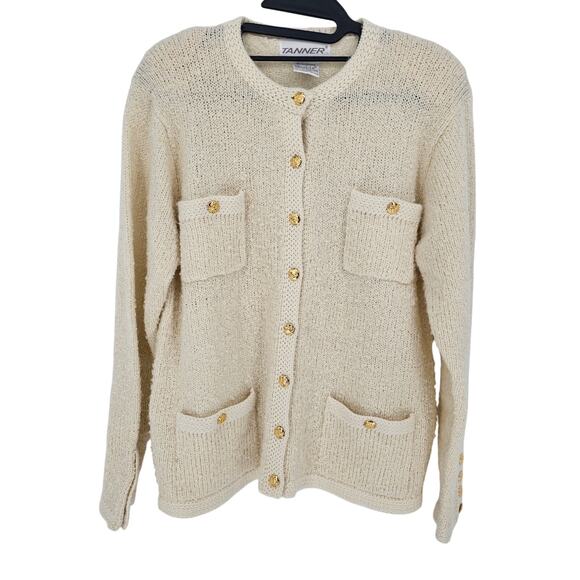 Vintage Tanner Cream Knit Gold Button Front Cardigan Sweater Old Money Preppy M - Picture 1 of 8